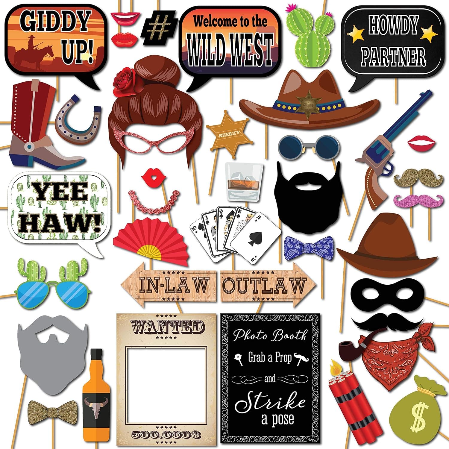 Western Photo Booth Props - 41-pc Photo Prop Kit with 8 x 10-Inch Sign, 60 Glue Dots, 45 Sticks - Photo Booth Props Country Theme - Wild West Photo Props