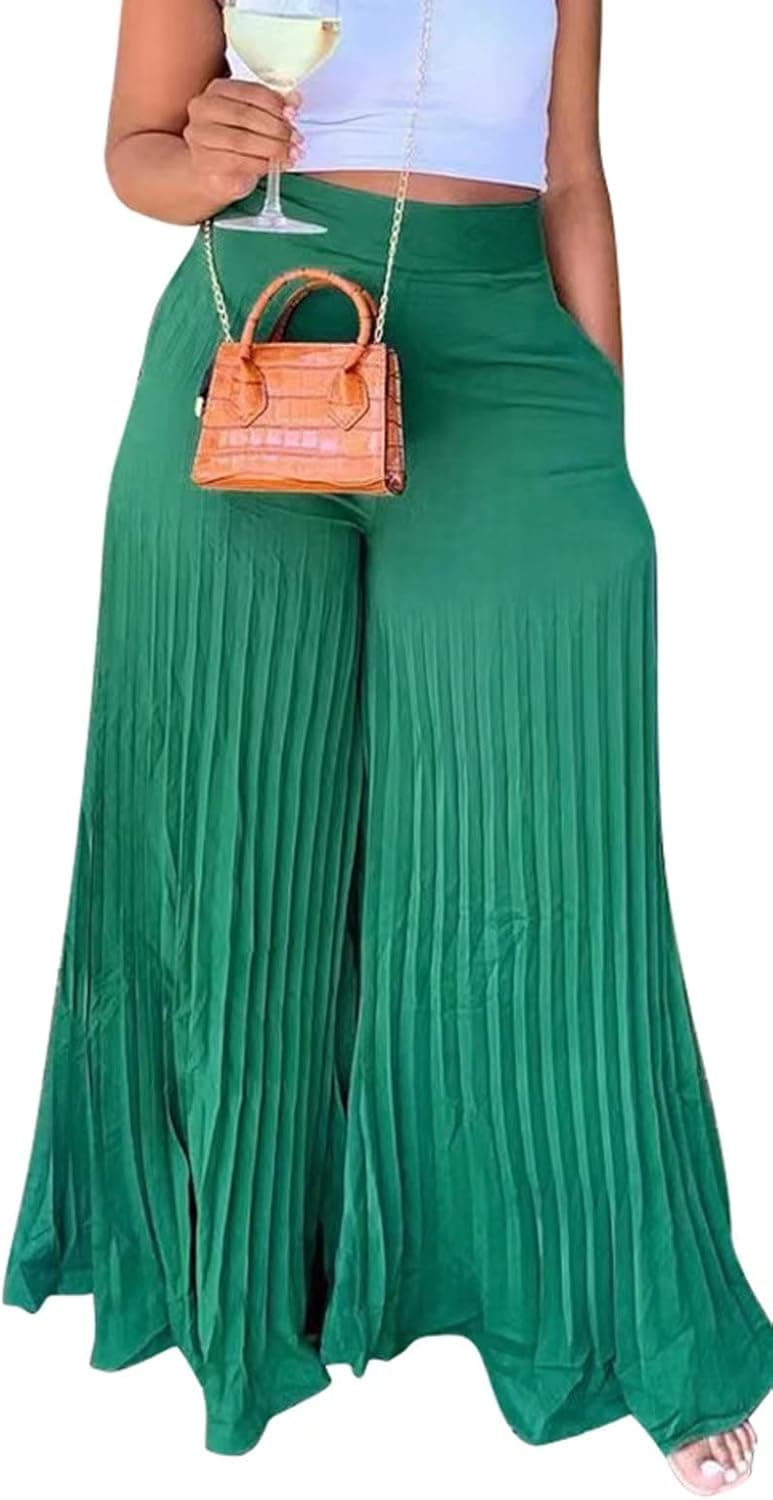 Mintsnow Women's Casual High Waist Chiffon Pleated Wide Leg Palazzo Pants Elastic Cropped A-Line Dress Pant Vacation