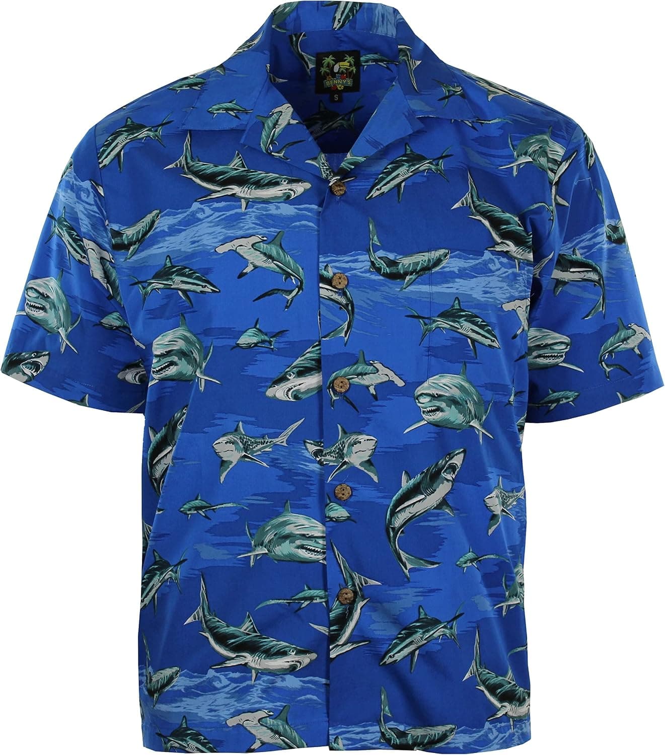 Benny's Mens Sharks Parrothead Hawaiian Shirt
