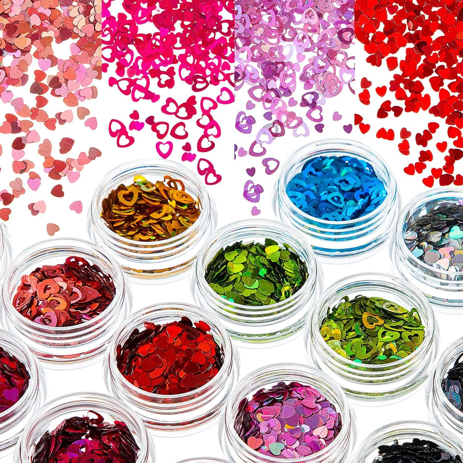 24 Boxes Valentine's Day Heart Shape Nail Art Glitter Sequin Sticker Thin Nail Mixed Paillettes Holographic Laser Nail Confetti Decals for DIY Body Face Women Girl Nail Design Decoration, 12 Colors