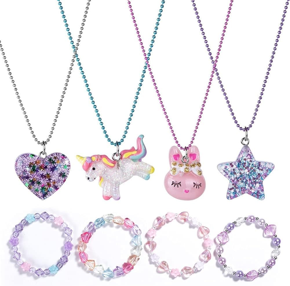 BB-GG, BGSHEMNI 8 Pcs Girls Necklaces and Bracelets Set with Unicorn Star Heart Toddler Jewelry Gift Toy Party Favors Dress up Play Costume for Little Best Friend Necklaces-A1