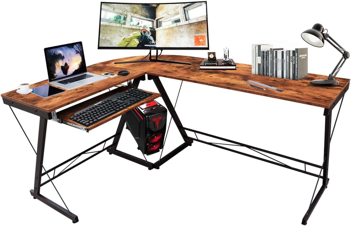 DRM L-Shaped Desk with Keyboard Tray, 62×47" Computer Corner Desk, Home Gaming Desk, Office Writing Workstation, Space-Saving, Easy to Assemble, Rustic Brown