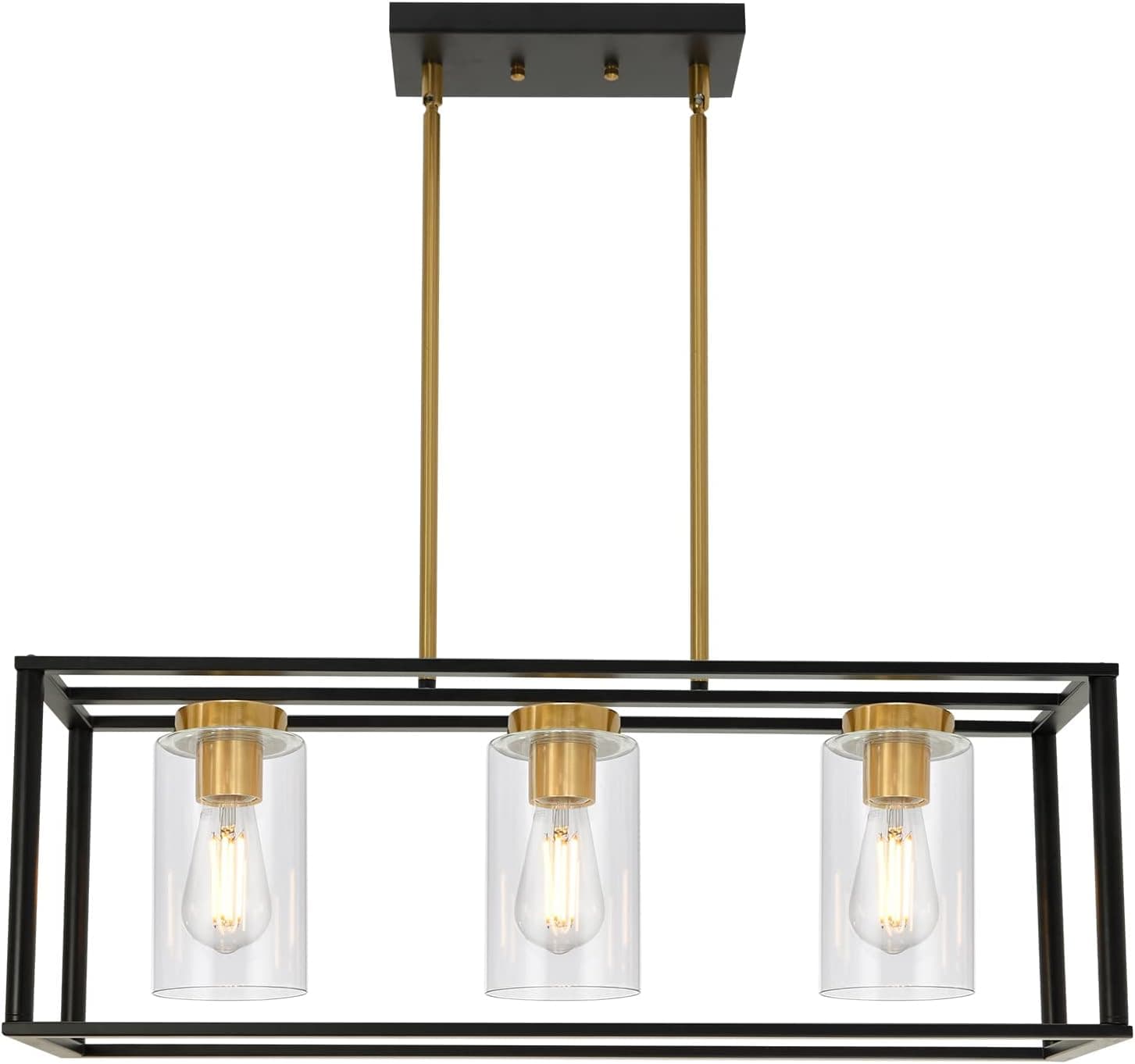 VINLUZ Industrial Chandeliers 3 Light with Clear Glass Shade Brushed Brass and Black Modern Farmhouse Dining Room Lighting Fixtures Hanging, Kitchen Island Linear Pendant Lights Ceiling
