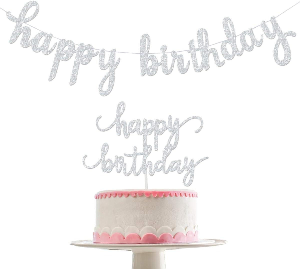 Silver Glittery Happy Birthday Banner and Silver Glittery Happy Birthday Cake Topper- Birthday Party Decoration Supplies