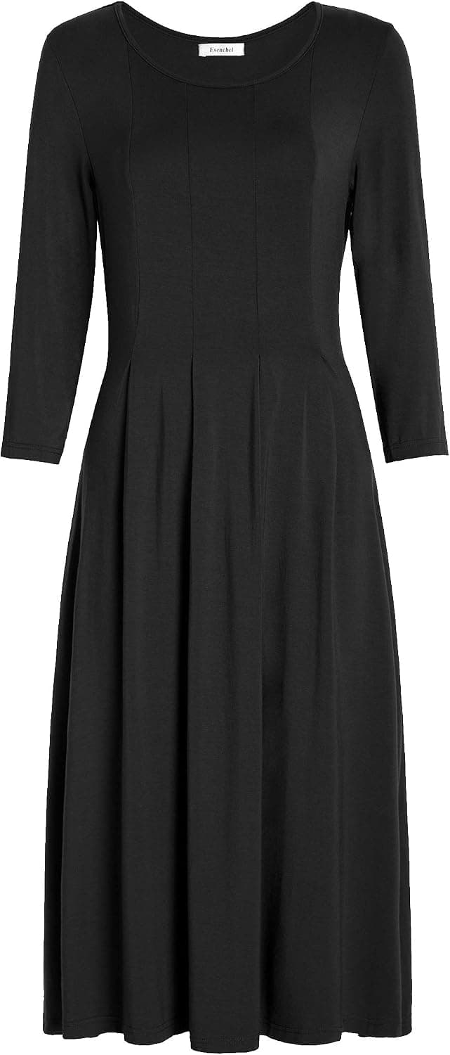 Esenchel Women's 3/4 Sleeves Swing Midi Dress with Pockets