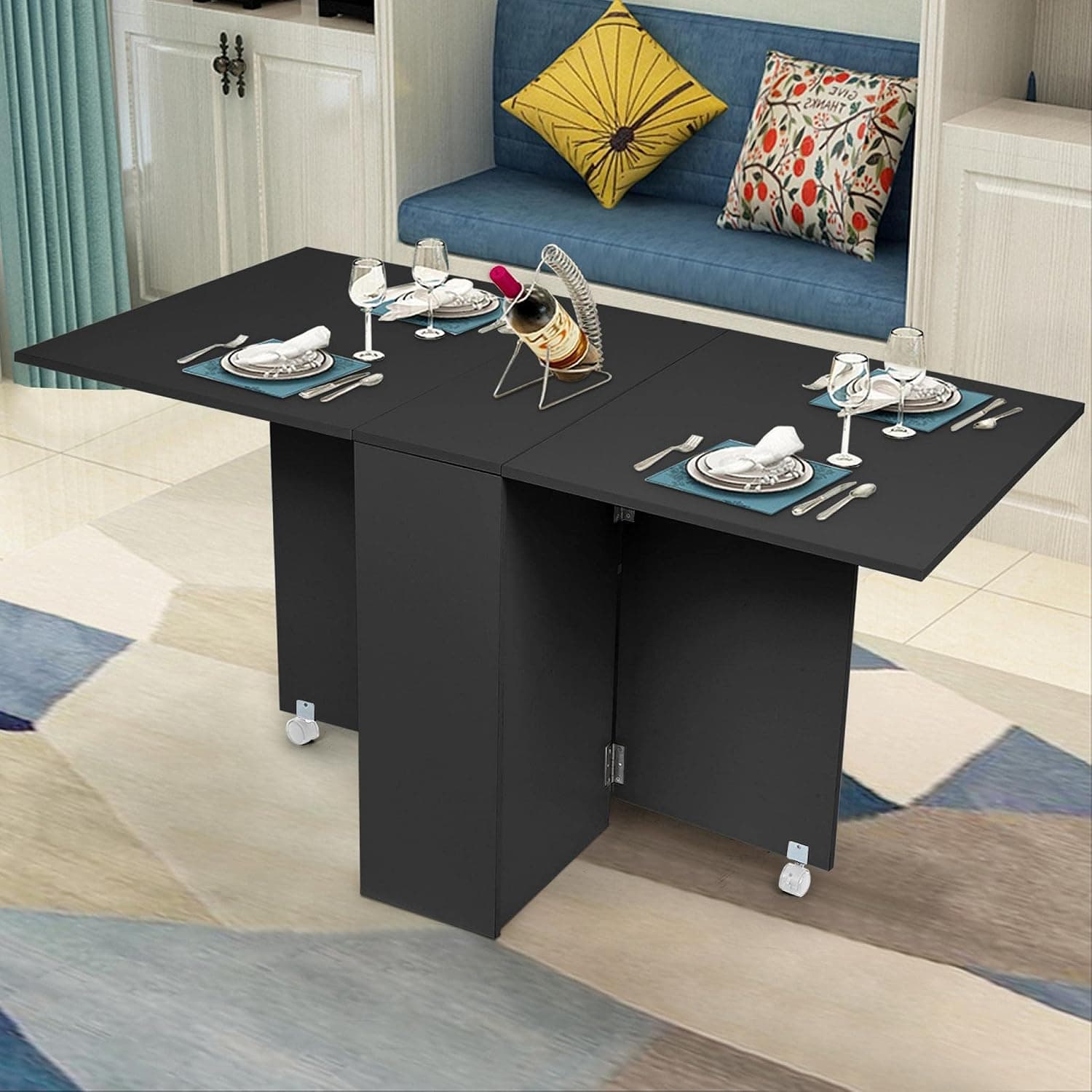 XINQITE Drop Leaf Dining Table for Dining Room Kitchen, Extendable Butterfly Console Table Folding Table for Small Spaces, Foldable Dining Table with 2 Wheels Gateleg Home Furniture, Black