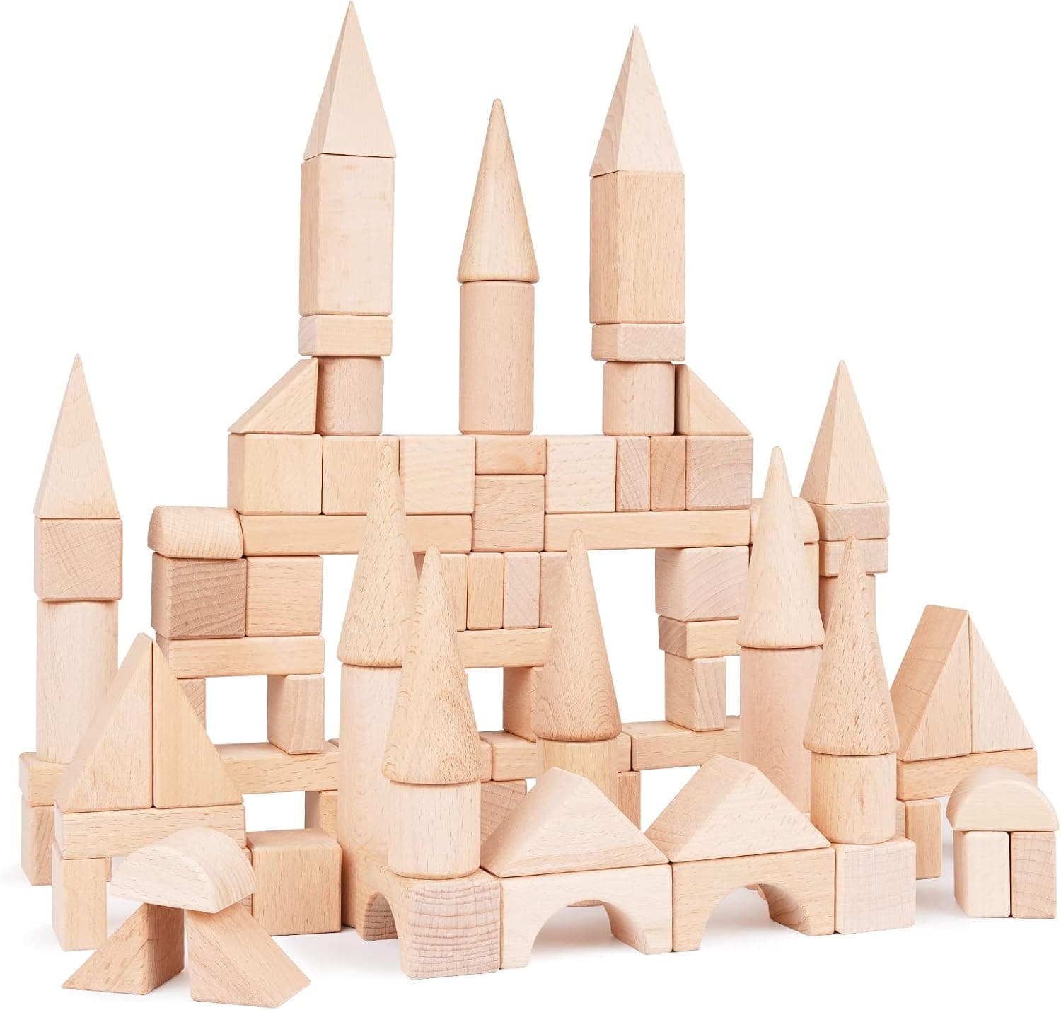 GenJuw 100Pcs Wooden Building Blocks Set- Wood Stacker Stacking Blocks Game Toys for Toddlers, Multiple Shapes, Toddles Blocks- Baby Wooden Blocks for Kids Learning and Playing