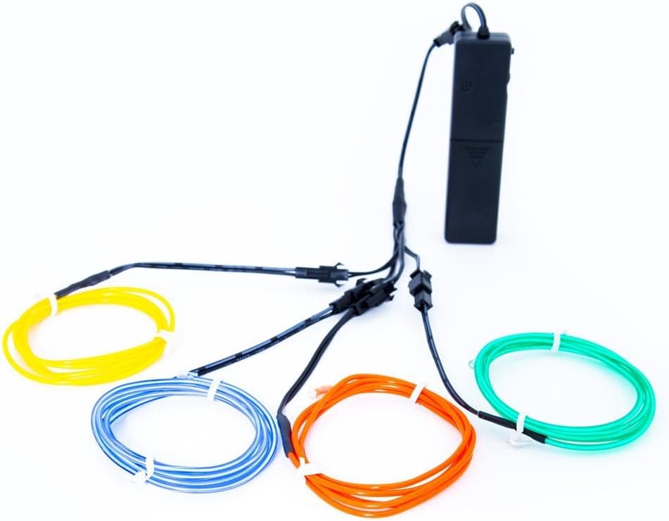 GloFX Rainbow EL Wire 12 ft Complete Kit - Red Blue Green Yellow Color - Sound Activated + 3 Modes 12 feet electroluminescent Wire