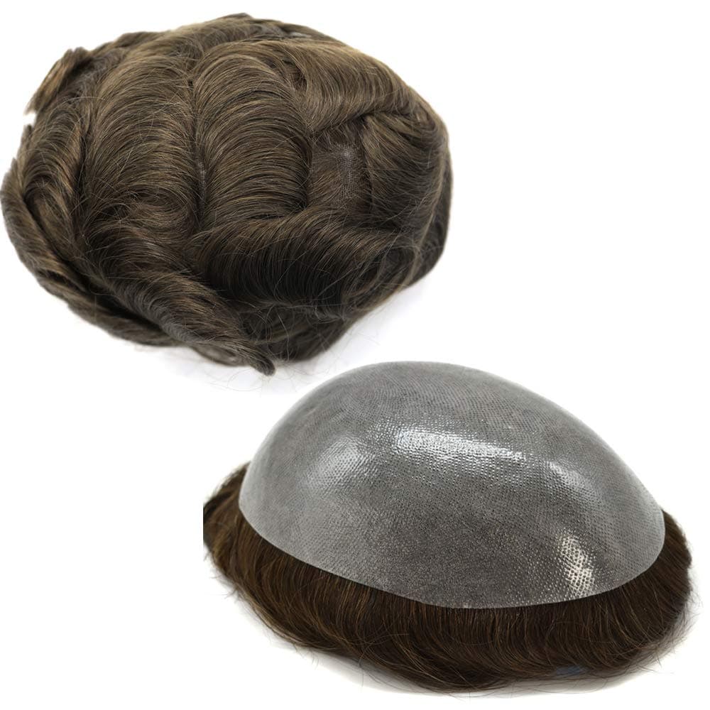 LYRICAL HAIR Full Poly Mens Toupee Thin Soft Human Hair System All Transparent Skin Replacement Durable PU Hairpiece Wig for Men 120% Light to Medium Density Hair Unit (7"x9", #5 Med-light Brown)