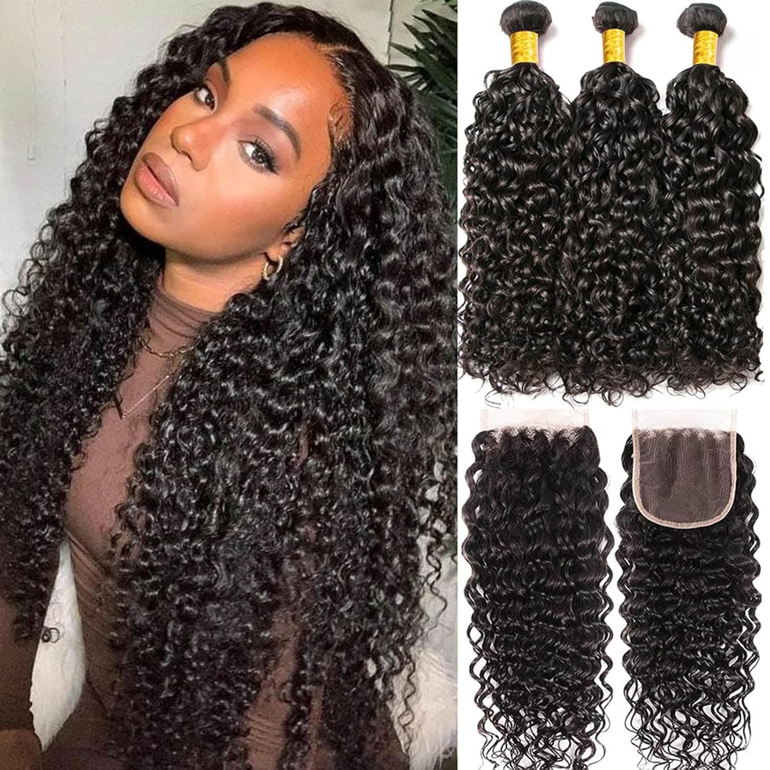 Water Wave Bundles and Closure Human Hair Bundles with Closure Brazilian Human Hair 3 Bundles (22 24 26 with 20 Inch) Wet and Wavy Bundles with Closure Human Hair Natural Black Human Hair Extensions