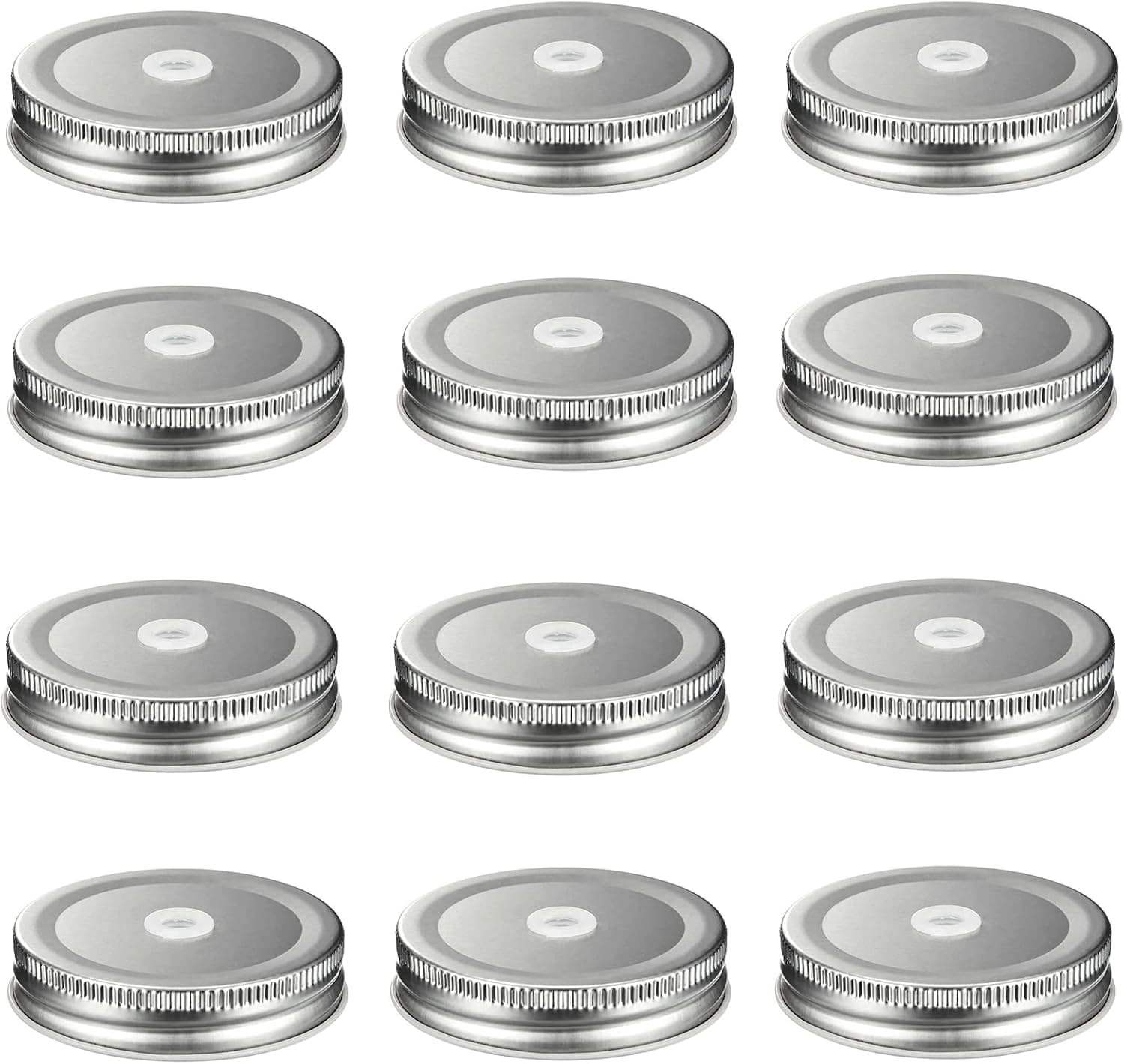 12 Pieces Stainless Steel Regular Mouth Mason Silver Jar Lids with Straw Hole Straws Leak Proof Secure(2.75 Inches Silver)