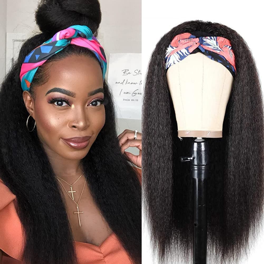 Kinky Straight Headband Wigs for Women Szphoxer Synthetic Headband Wig Long Yaki Straight Hair Wigs With Headband Attached 24 inch Full Machine Made None Lace Front Wig Natural Black Color