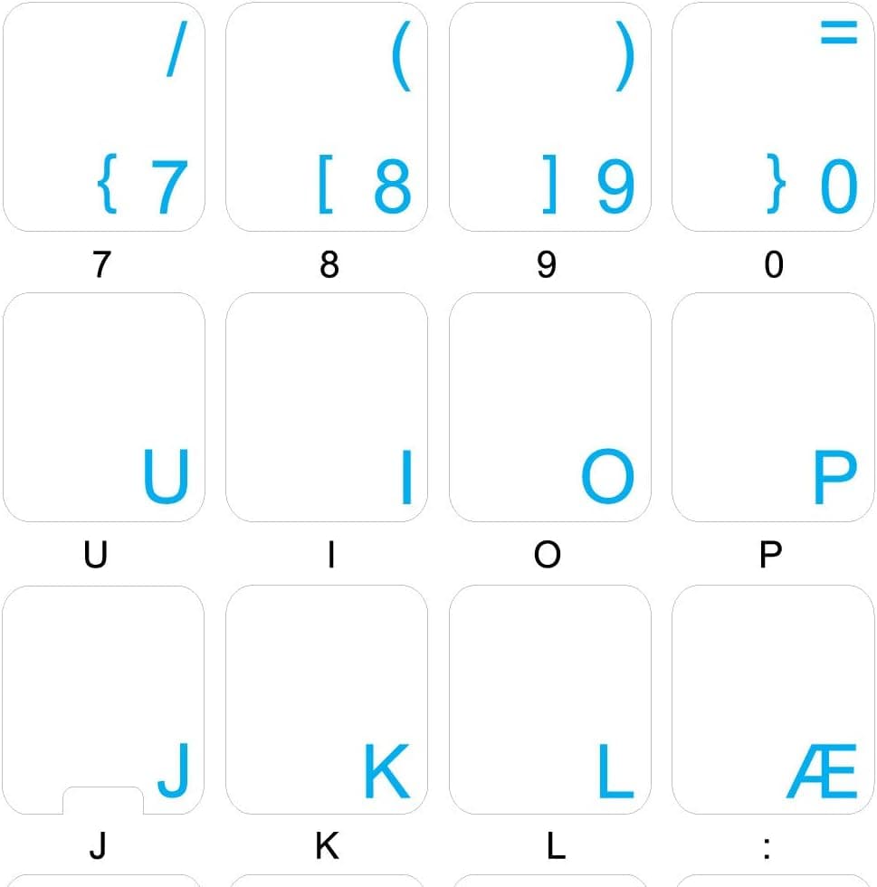Danish Keyboard Stickers with Blue Lettering ON Transparent Background for Desktop, Laptop and Notebook