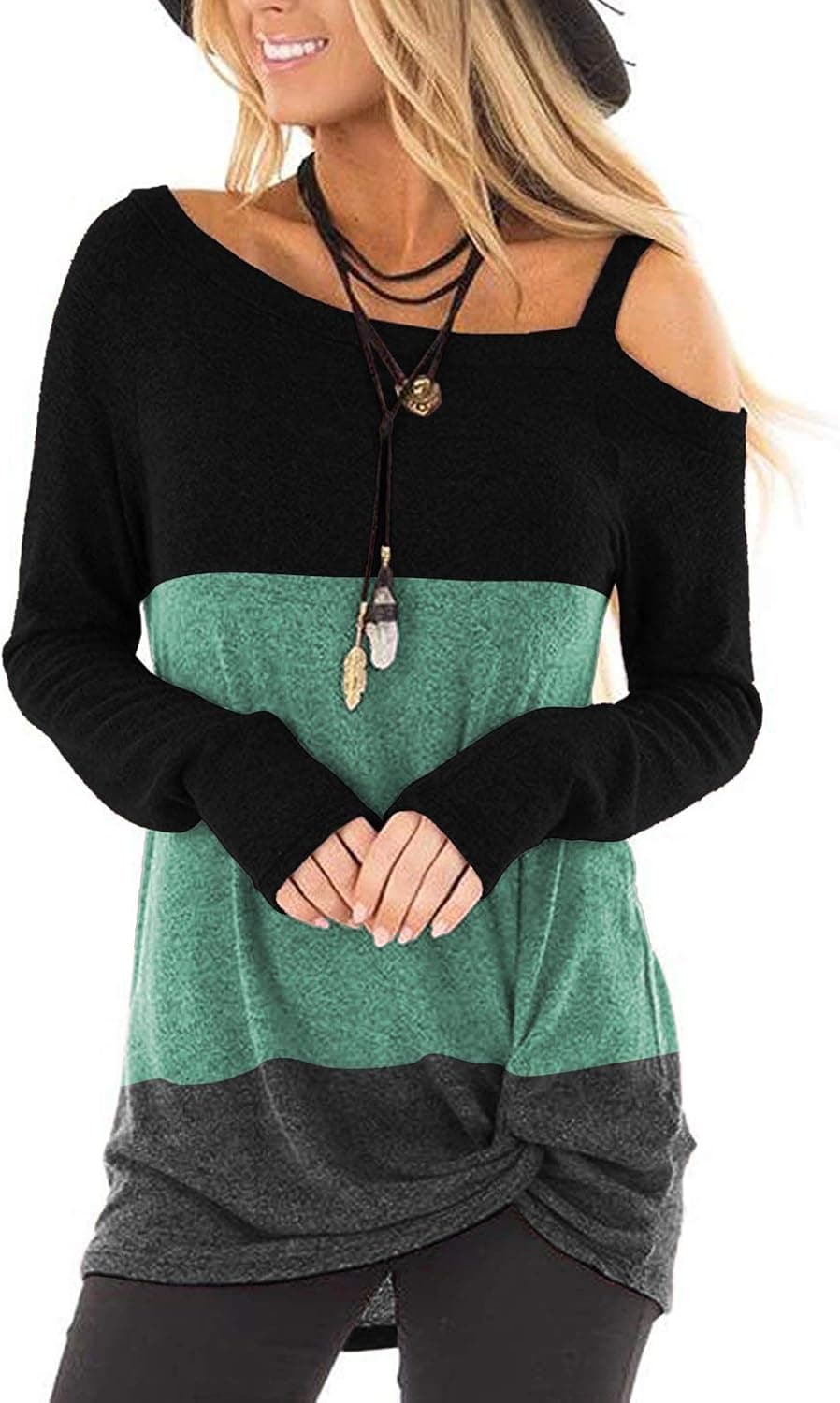 TEMOFON Women's Cold Shoulder Tops Long Sleeve Twist Knot Top Casual Tunic Blouse T-Shirts S-2XL