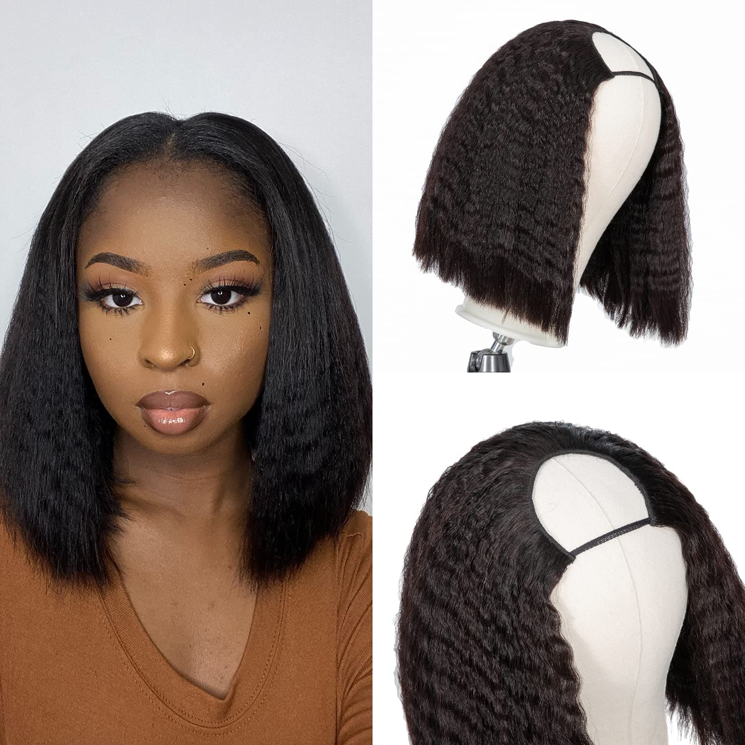 LUVME HAIR Kinky Straight Human Hair Wig U Part Yaki Wig for Black Women Bob Wig Kinky Curly Wig Natural Color 12 Inch