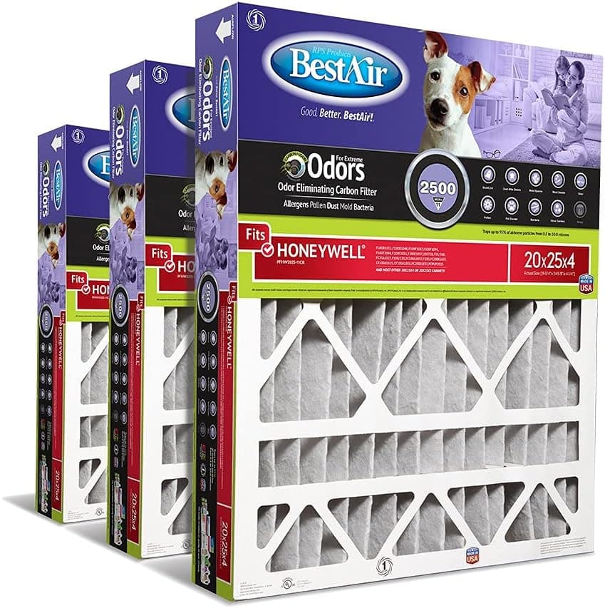 BestAir PFHW2025-11CR AC Furnace Air Filter, 20" x 25" x 4", MERV 11, Removes Allergens & Contaminants, Carbon Infused to Eliminate Odor, Fits 100%, For Honeywell Models, Pack of 3