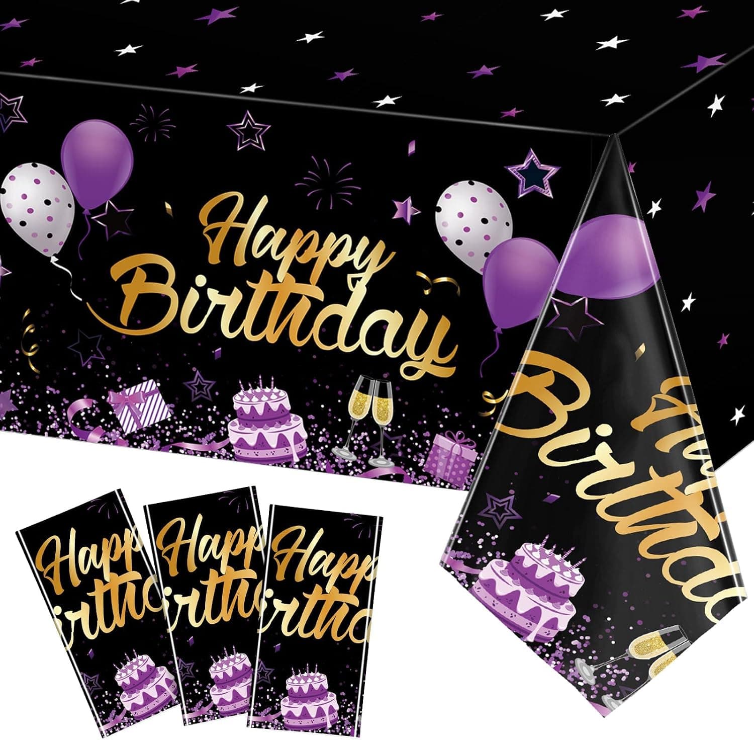 Breling Birthday Party Supplies Confetti Sprinkles Happy Birthday Tablecloths Starry Table Covers for Kids Adults Birthday Party Decorations, 54 x 108 Inches (Purple and Black)
