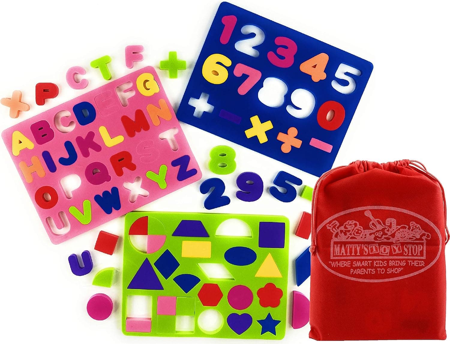 Matty's Toy Stop Deluxe EVA Foam Puzzles Featuring Alphabet, Numbers & Shapes with Storage Bag - 3 Pack (Assorted Bright Colors)