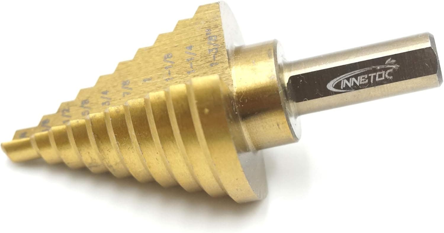 Innetoc 3/8" Shank Titanium Step Drill Bit, 1/4' to 1-3/8' in 1/8' Increments with SafePlastic Case|10 Steps