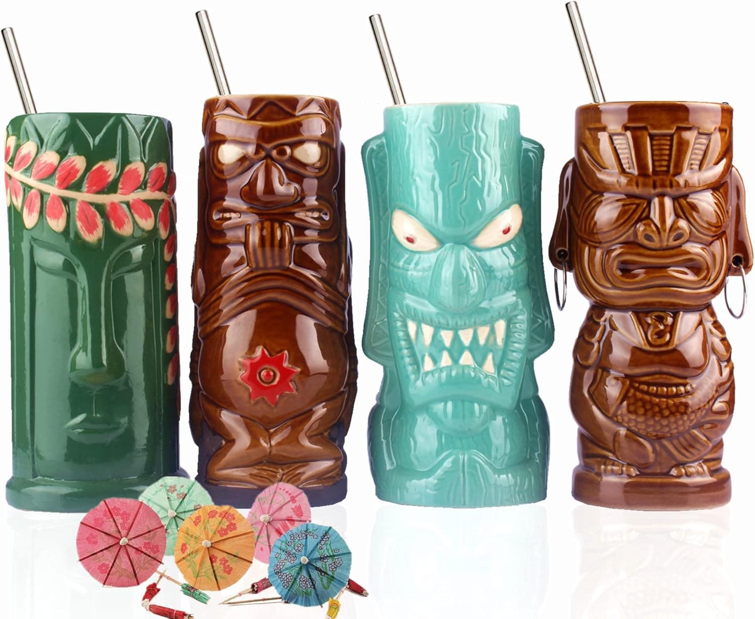 Tiki mugs cocktail set of 4 - Ceramic Hawaiian Party Mugs Drinkware, cute exotic cocktail glasses, Hawaiian party bar ware, great home bar present idea SC028(SET A)