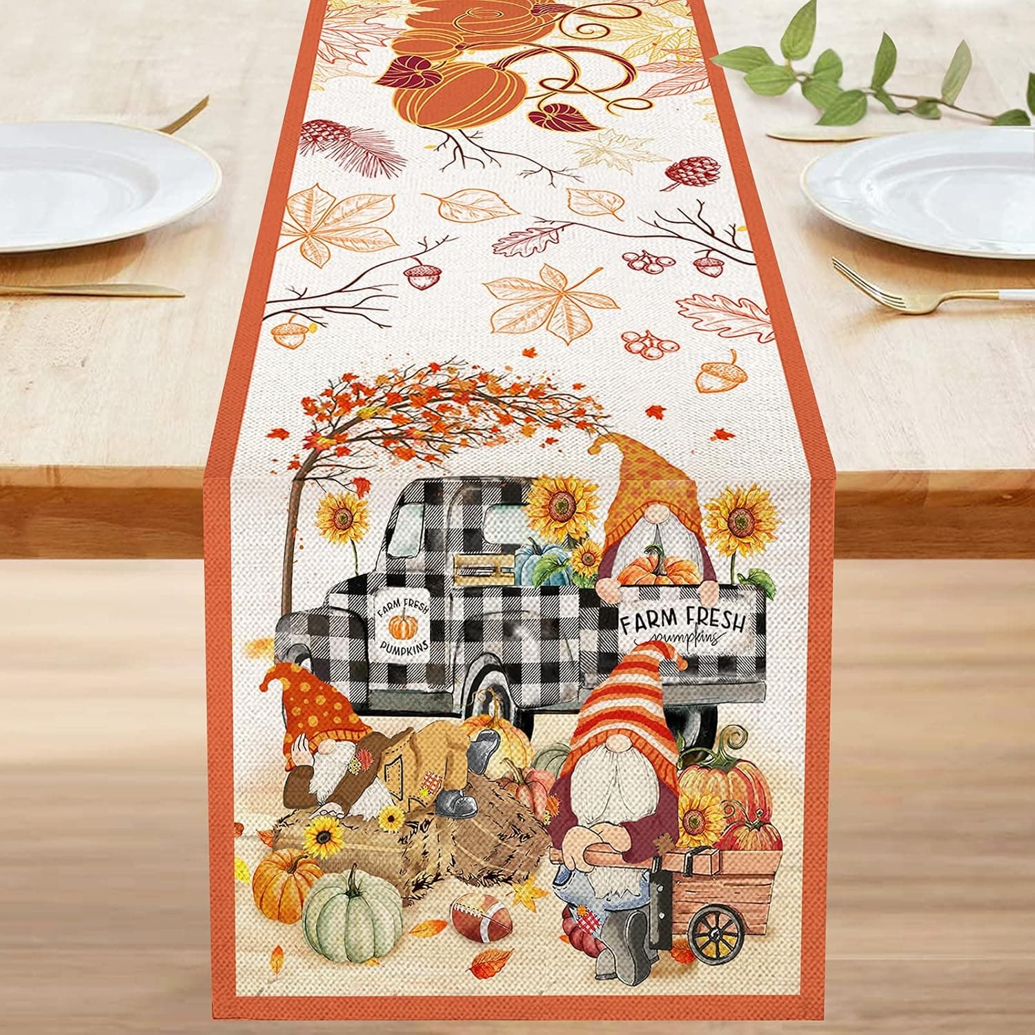 Bonsai Tree Fall Table Runner 72 Inch, Happy Autumn Yall Gnomes Pumpkins Burlap Table Runners, Rustic Buffalo Plaid Truck Seasonal Small Dresser Scarves Table Cloth Decor for Home Dining Room Parties