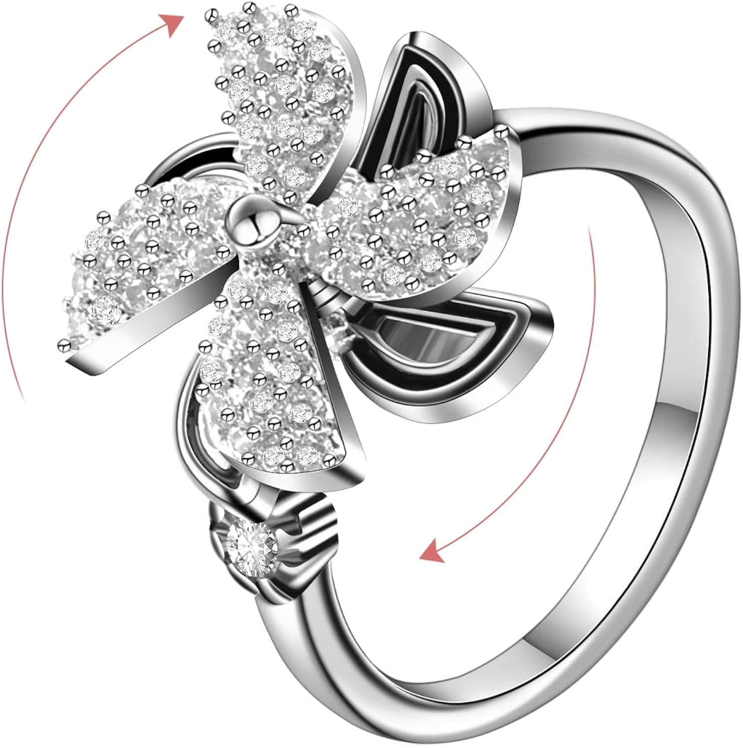 S925 Sterling Silver Fidget ​Rings for Women Adjustable Open Ring Cubic Zirconia Windmill Spinner Rings
