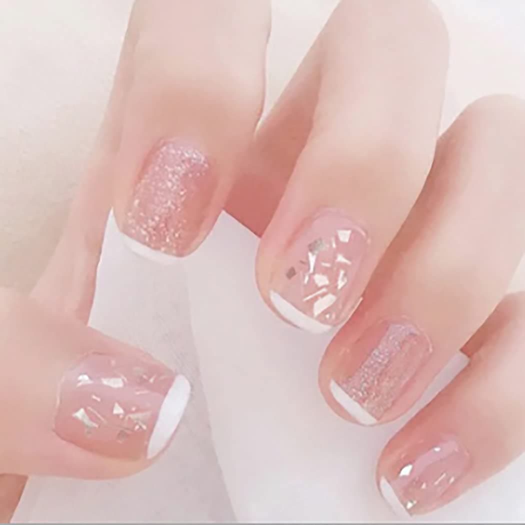 Auwoyss Short Square Press on Nails Pink Glossy Fake Nails French Sequins False Nails Full Cover Acrylic Nails Designed Clip on Nails Manicure for Women and Teens Girls 24Pcs (French)