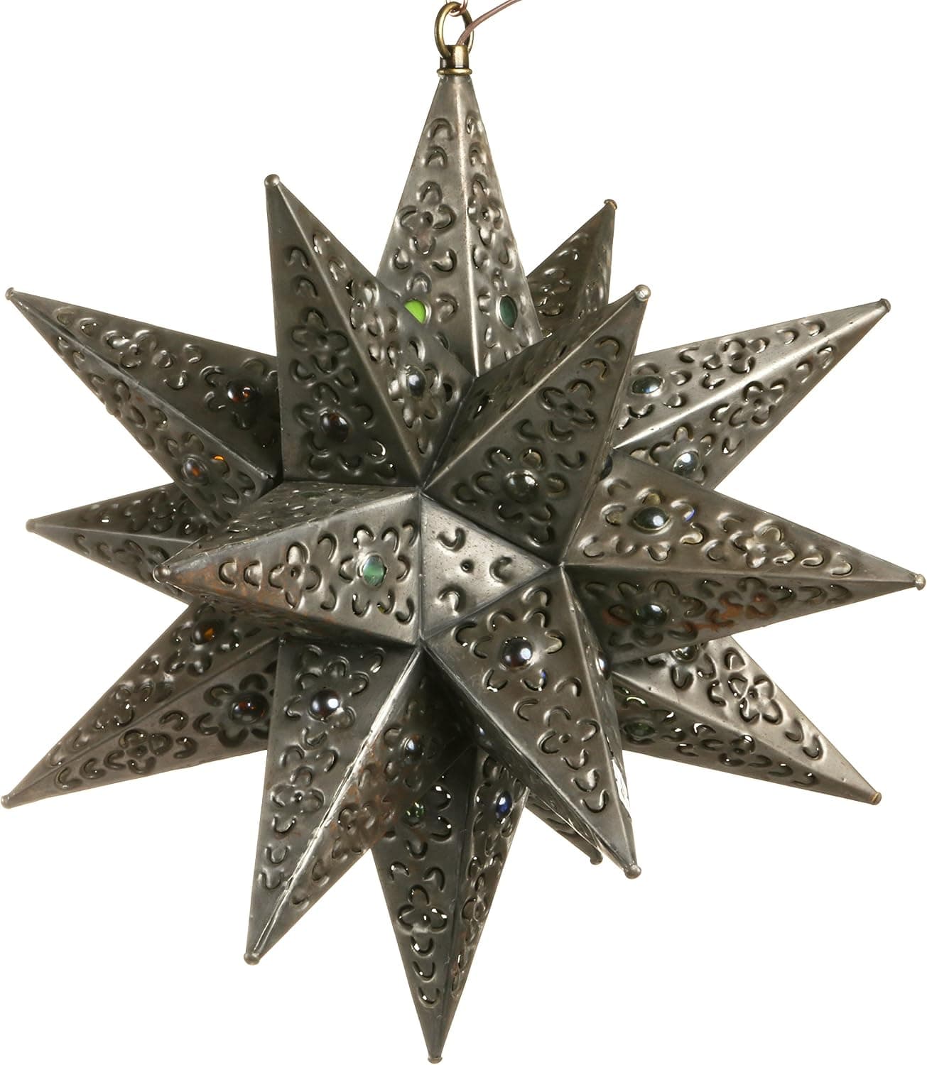 16 Inch Moravian Hanging Tin Star Light - Flower Cut with Marbles