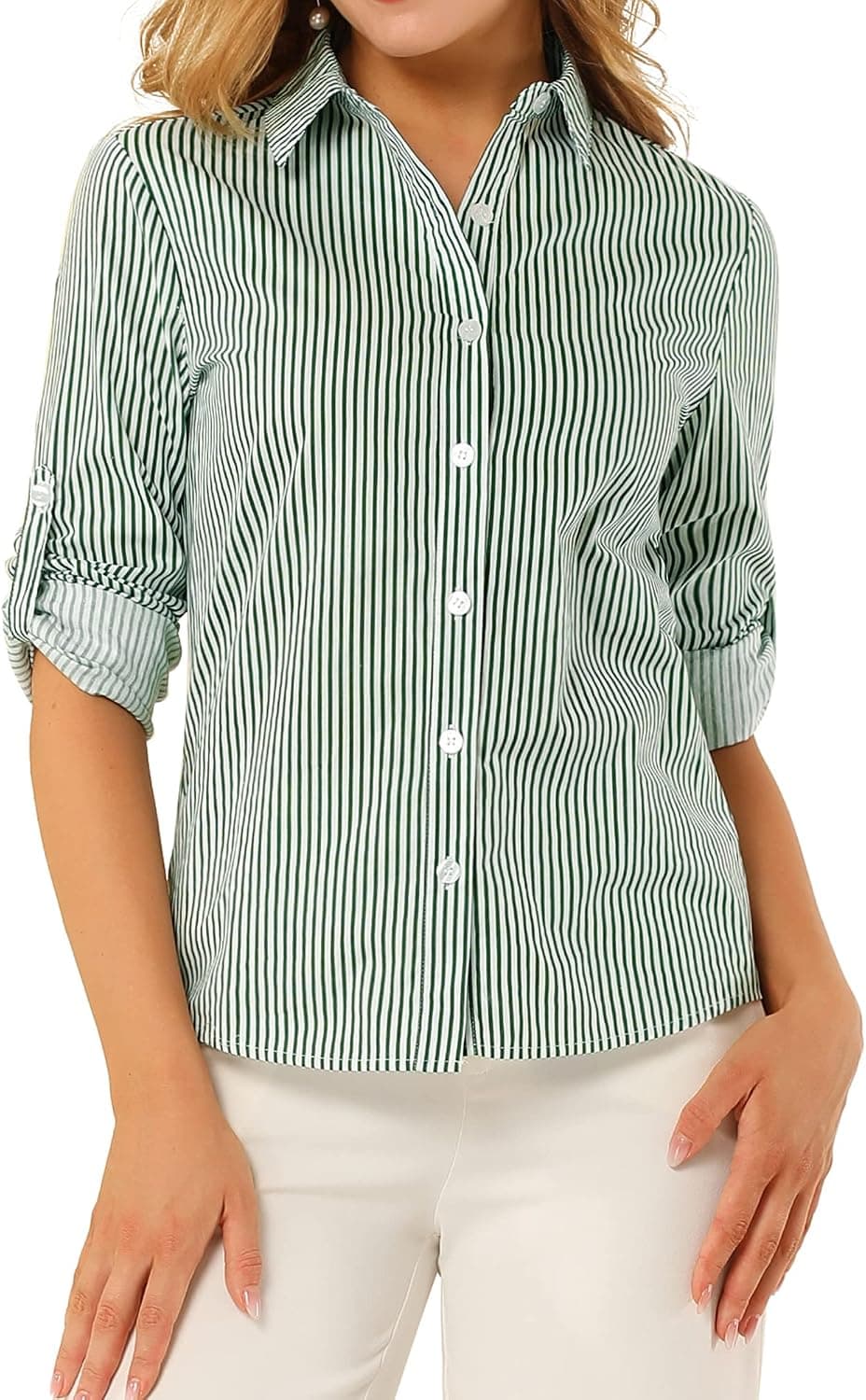 Allegra K Women's Striped Button Down Roll-up Long Sleeves Point Collar Shirt