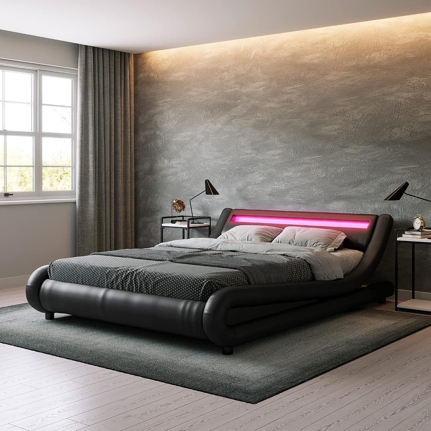ZTOZZ Modern Contemporary Wave-Like Curve Upholstered Platform Bed with LED Lights Headboard - Faux Leather Upholstered Modern Bed Frame with Headboard - Low Profile Curved Bed Frame (Full, Black)