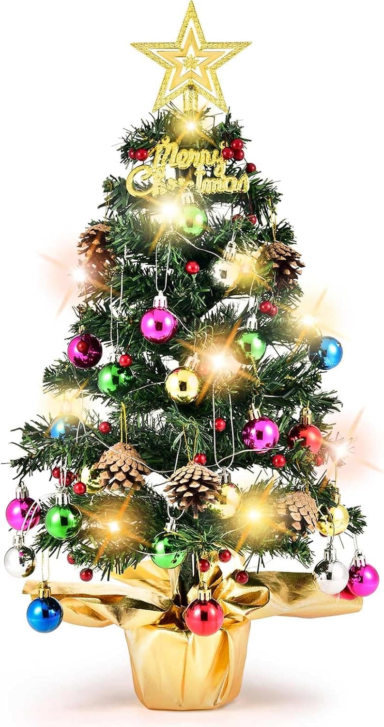 24" Tabletop Mini Christmas Tree Set with LED String Lights&Christmas Ball Ornaments for Table Christmas Tree Decorations Best DIY Christmas Decorations Xmas Decoration Tree Deco