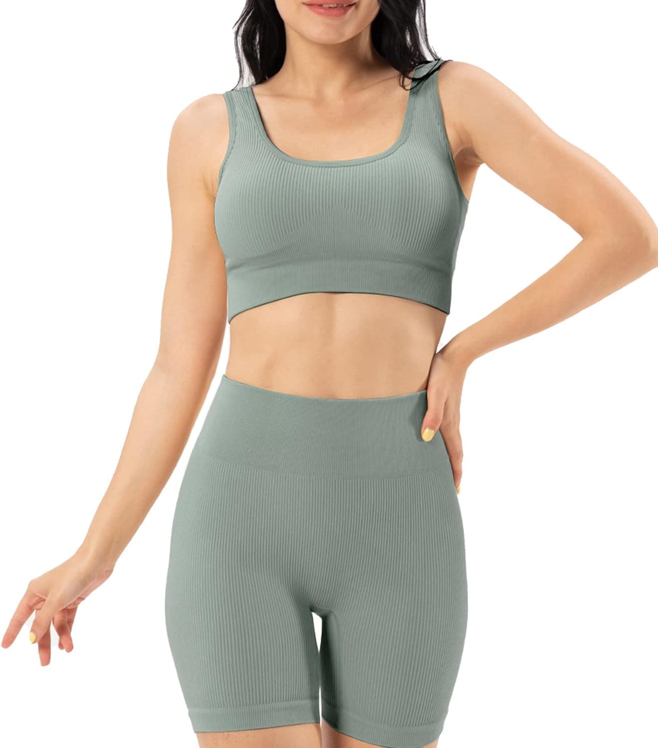MASSS WAVEE Yoga Workout Outfits for Women Seamless Ribbed Bra Top High Waist Shorts Sets 2 Pcs Sports Gym Tracksuit