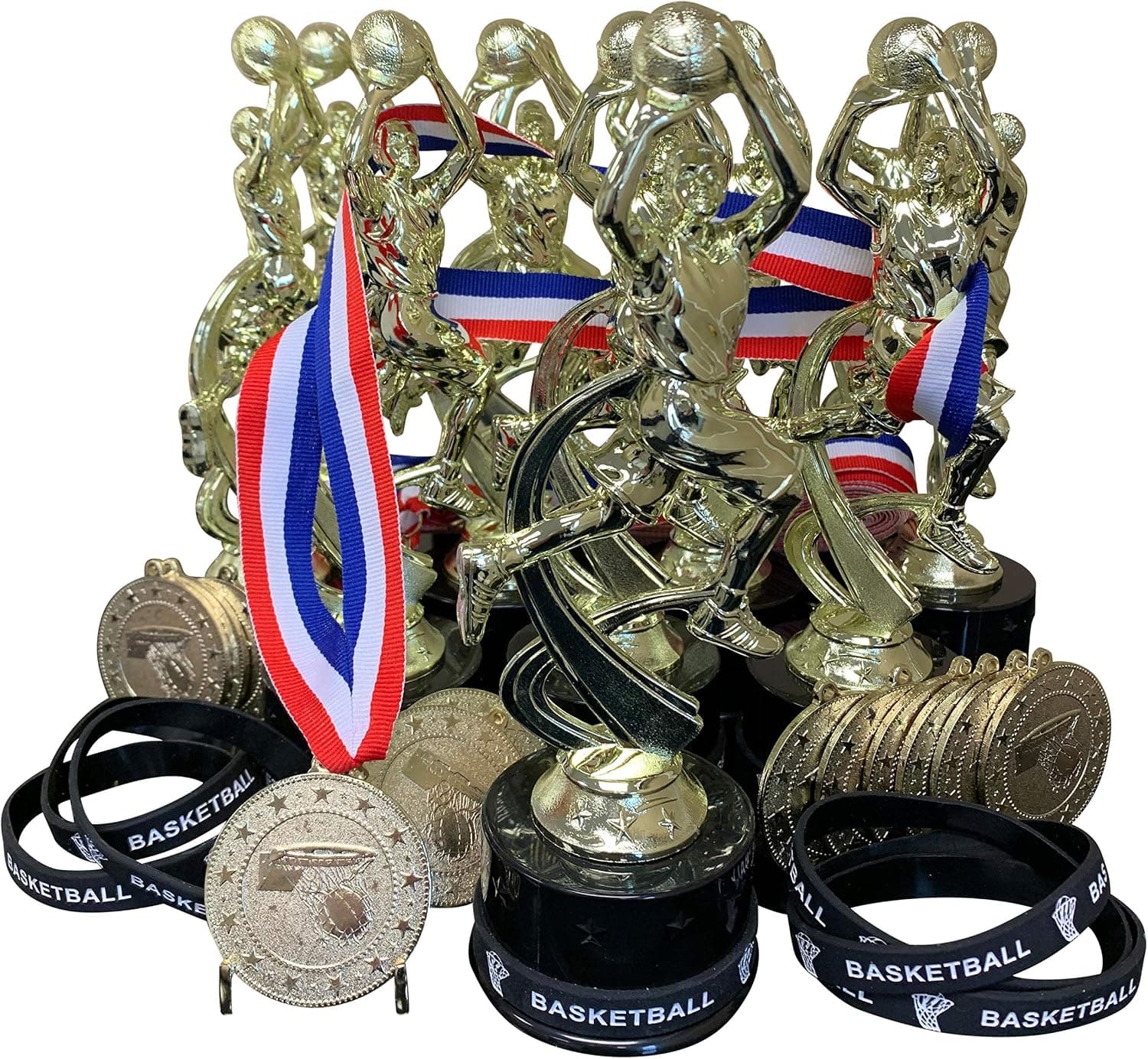 12 PK of 8.5 Inch Boys Basketball Trophy Award Kits That Include Silicone Basketball Wrist Bands Bright Gold Metal Award Medals and Neck Ribbons