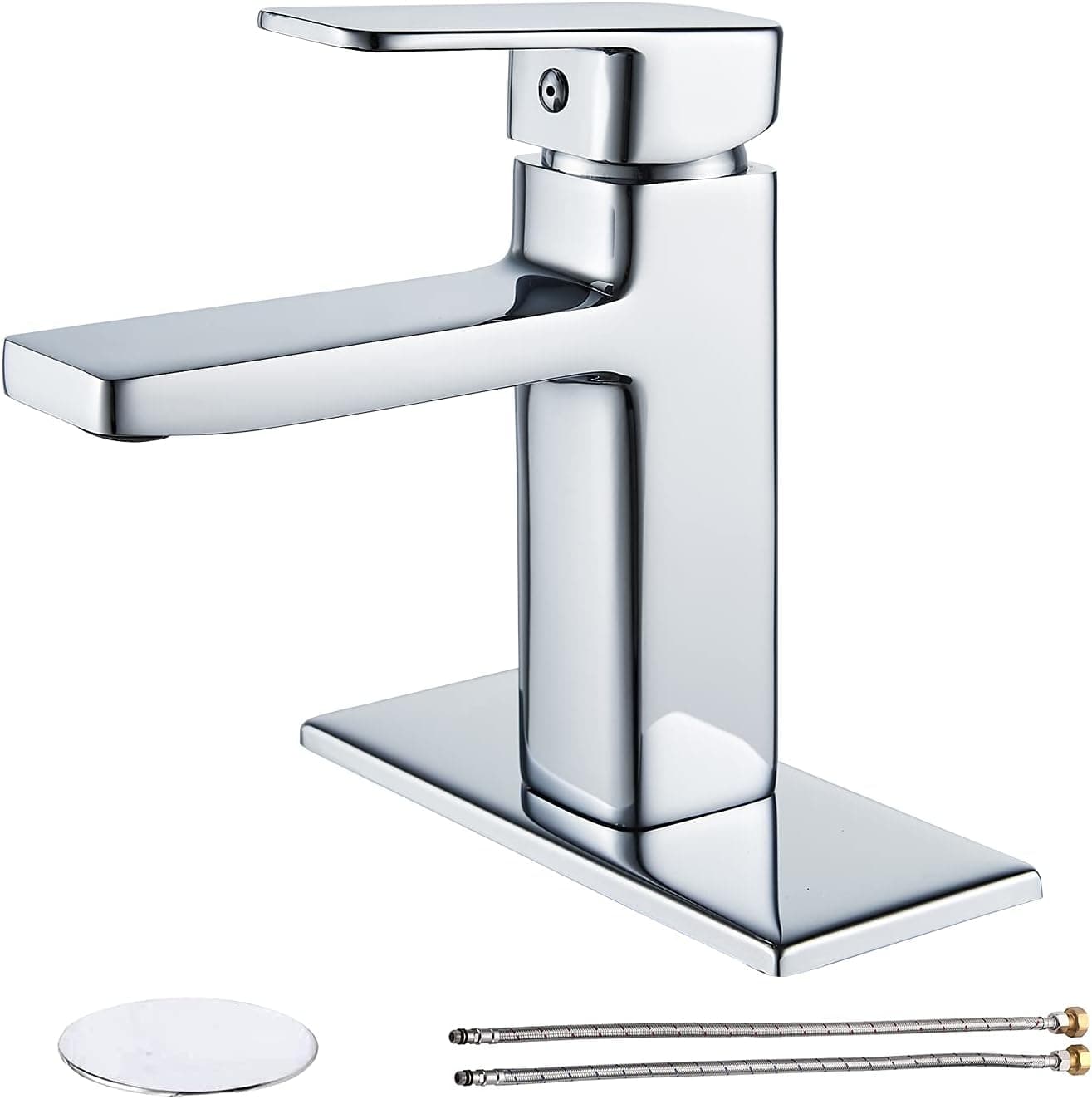 Chrome Bathroom Faucet Single Handle Lavatory Bathroom Sink Faucet, with Metal Drain Assembly and Faucet Supply Lines