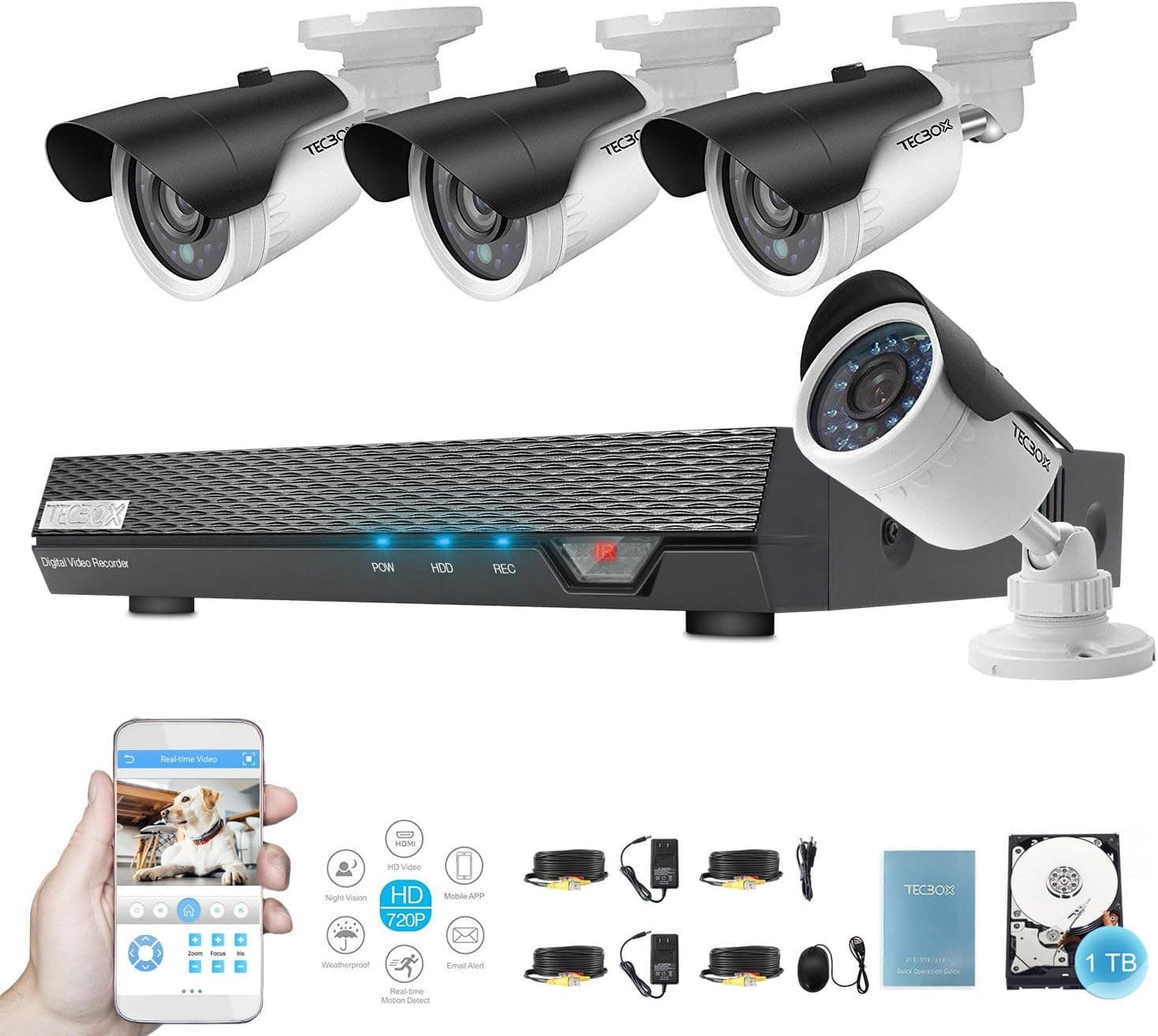 Home Surveillance Camera System 4CH 720P 1TB Security DVR System with 4 1.3MP CCTV Cameras, Remote View Weatherproof Video Security Surveillance System Night Vision Motion Alert Home Camera System