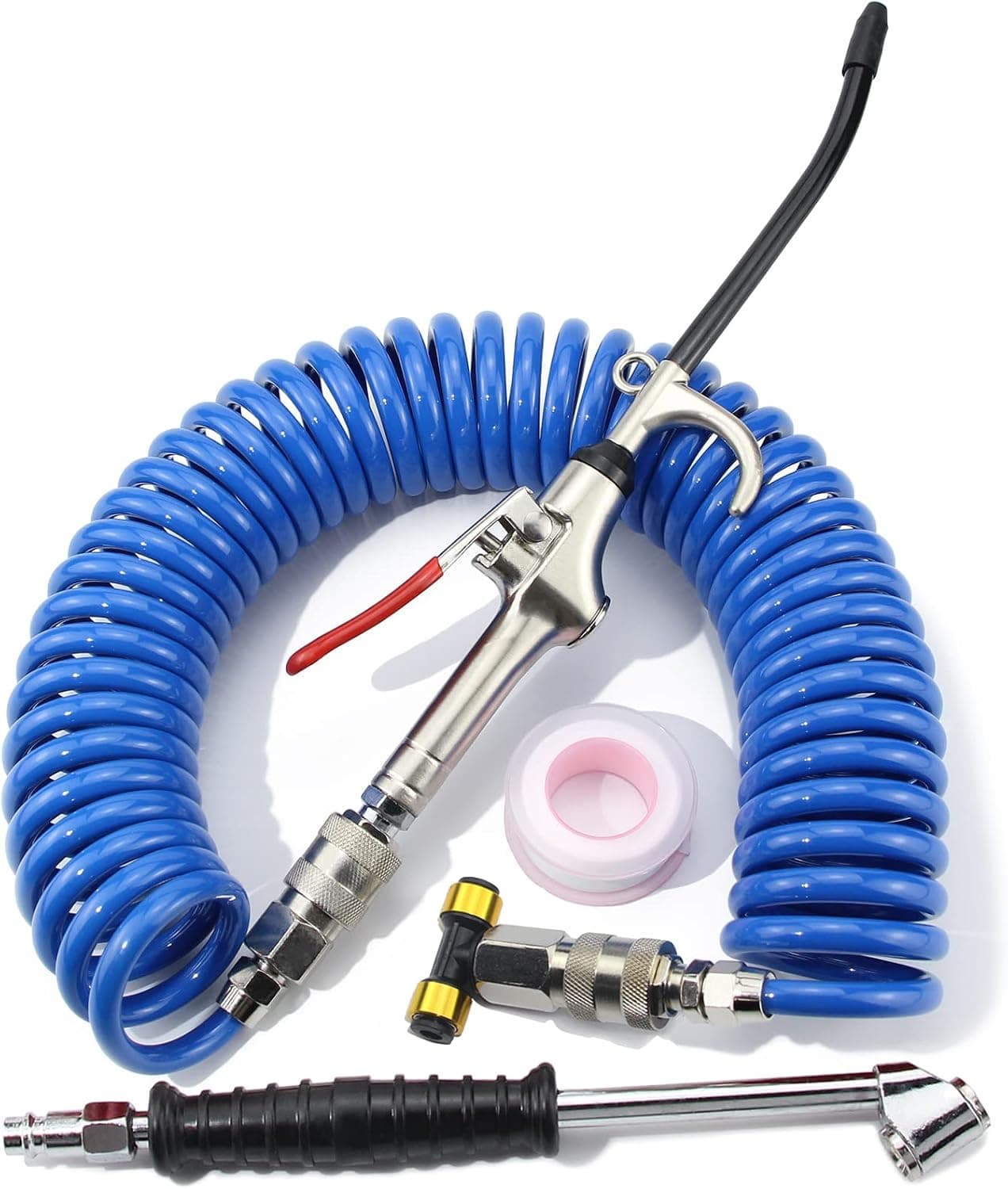 iBroPrat Air Blow Gun Kit,Heavy Duty Air Seat Blow Gun Kit for Semi Truck Air Hose with 30FT Long Coil and Extended Dual Head Tire Air Chuck Blue