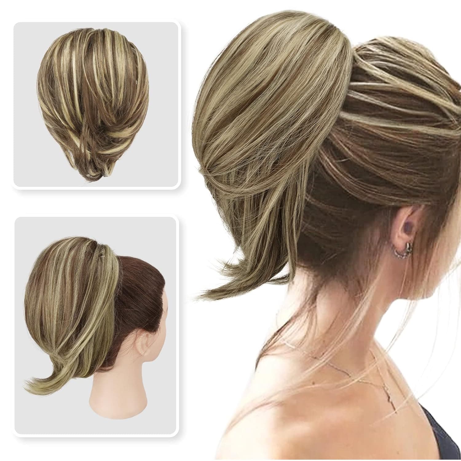 DAIFEER Hair Buns Hair Piece Straight with Curly Short Ponytail Hair Bun Extensions Elastic Easy Scrunchies Bit Messy Hair Bun Hair Accessories for Women(Brown and Bleach Blonde)