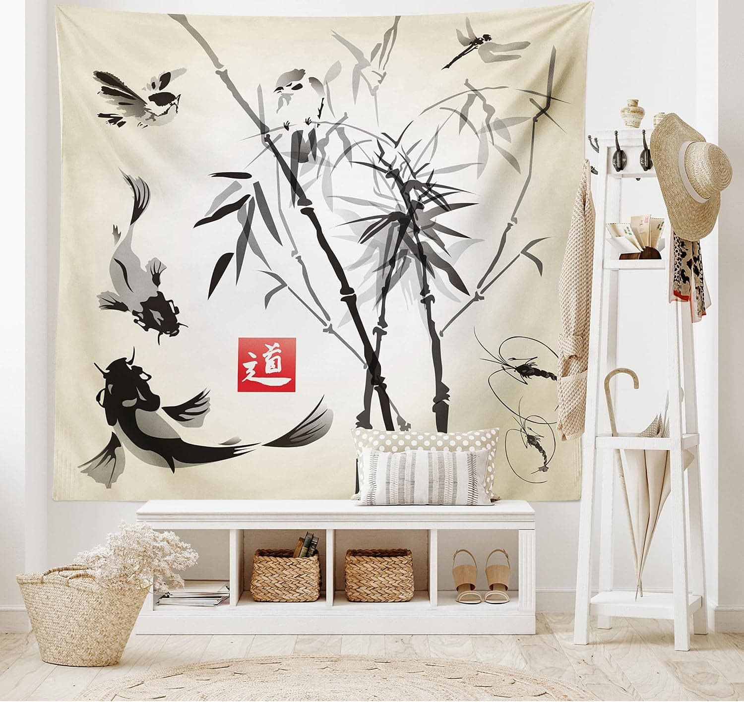Ambesonne Japanese Tapestry, Japanese Traditional Garden Design Wildlife Forest Meditation Origami, Wall Hanging for Bedroom Living Room Dorm Decor, 40" X 60", White Black