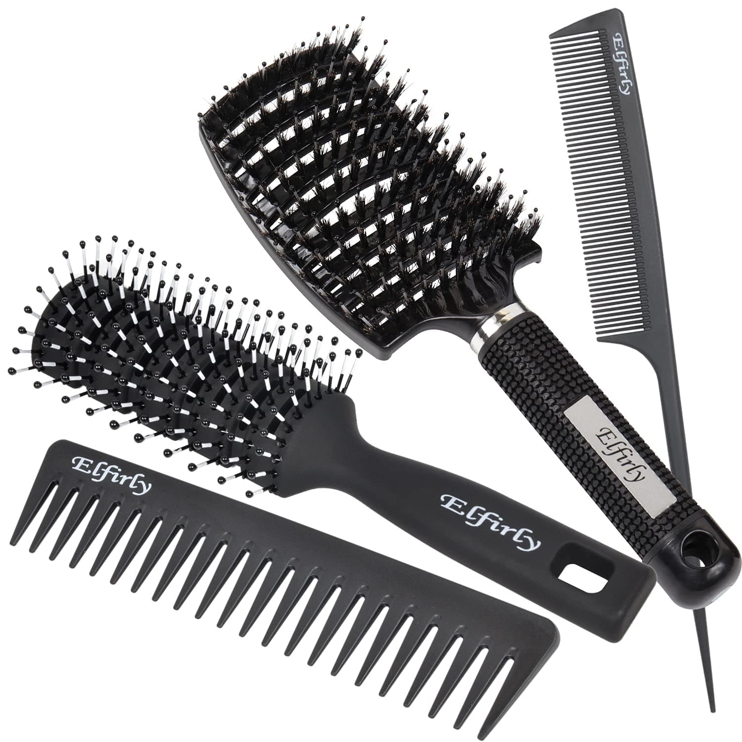 Elfirly Hair Brush Boar Bristle Curved Vented Hairbrush, No More Tangle Hair Comb, Men and Women Styling Brush for Long Thick Thin Curly Wet and Dry Hair