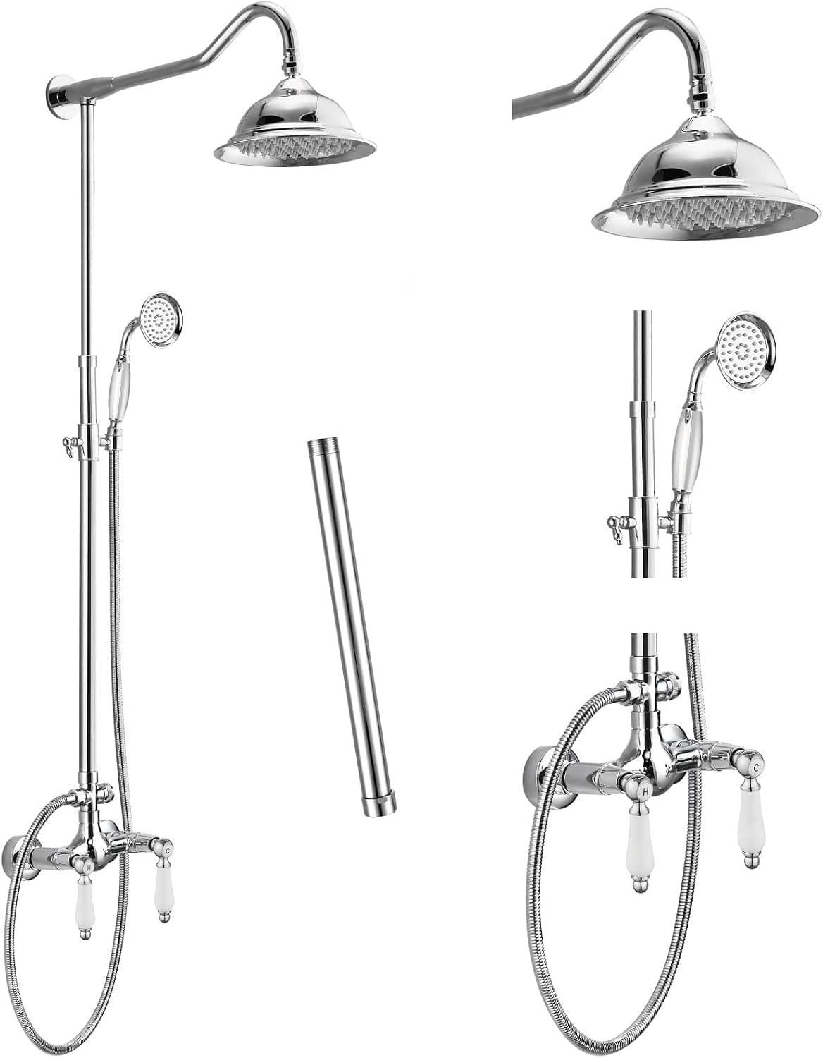 Aolemi Polish Chrome Shower Faucet 8 Inch Rainfall Shower Head 12 Inch Extension Tube Included Handheld Spray Shower Fixture Double Lever Handle Mixer Bathroom Shower System Combo Set Wall Mount