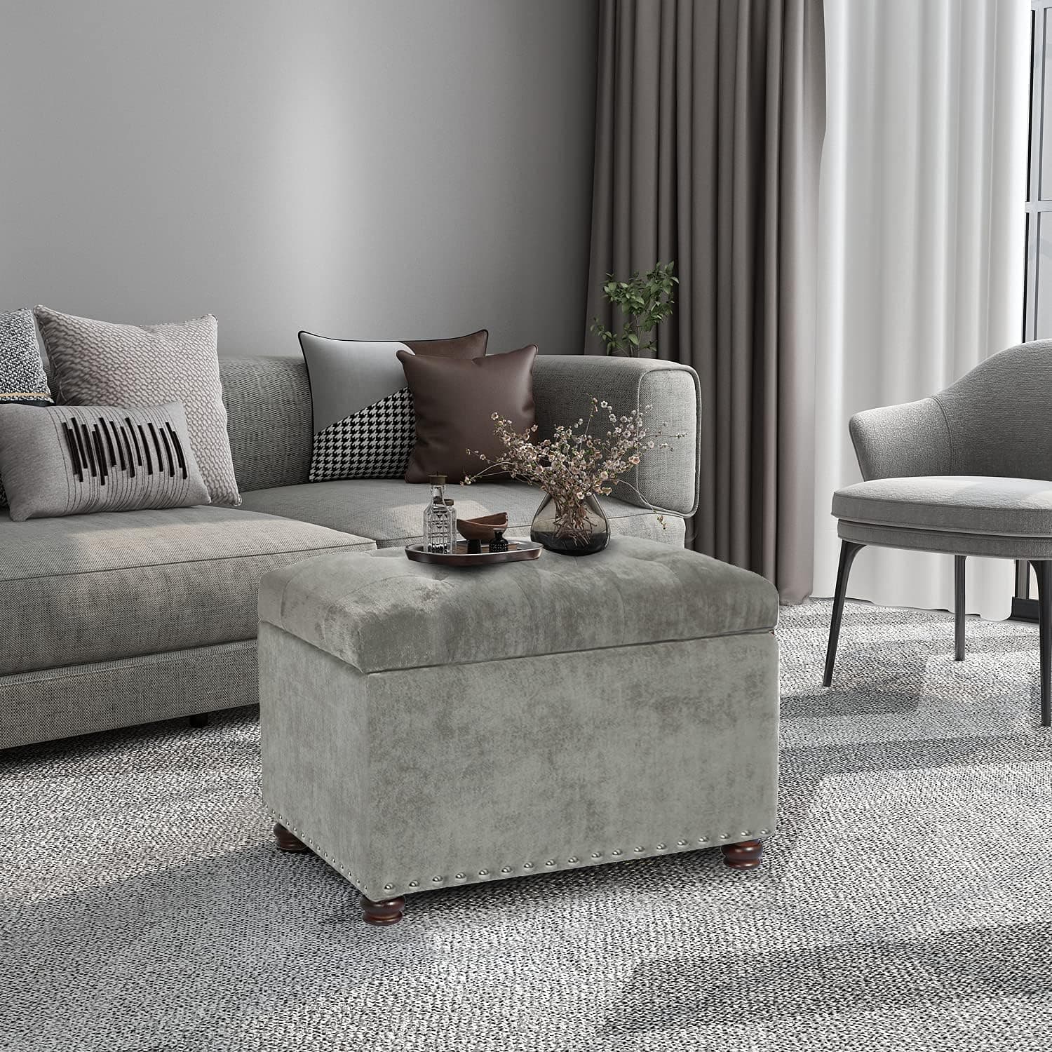 Deco De Ville 24" Light Grey Rectangle Lift Top Storage Ottoman Bench, Velvet Tufted Footstool with Nailhead Trim