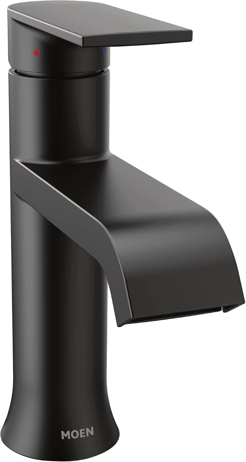 Moen Genta LX Matte Black One-Handle Single Hole Modern Bathroom Sink Faucet with Optional Deck Plate for 3-hole Sinks, Waterfall Bathroom Faucet, 6702BL