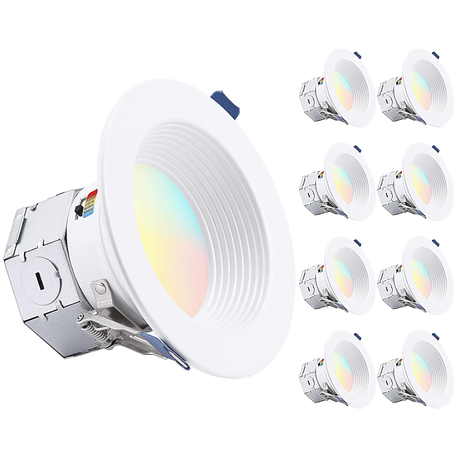 TORCHSTAR 8-Pack 5CCT 4 Inch Integrated Canless LED Recessed Lighting 4 Inch with Junction Box, Aluminum Anti-Glare Deep Baffle Trim, CRI90 Dimmable Ceiling Downlight 27K/3K/35K/4K/5K, ETL & ES Listed