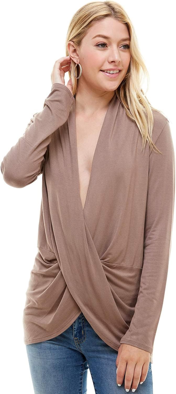 Long Sleeve Pullover Cardigan Top with V-Neck Criss Cross Design (S-3X) - Made in USA