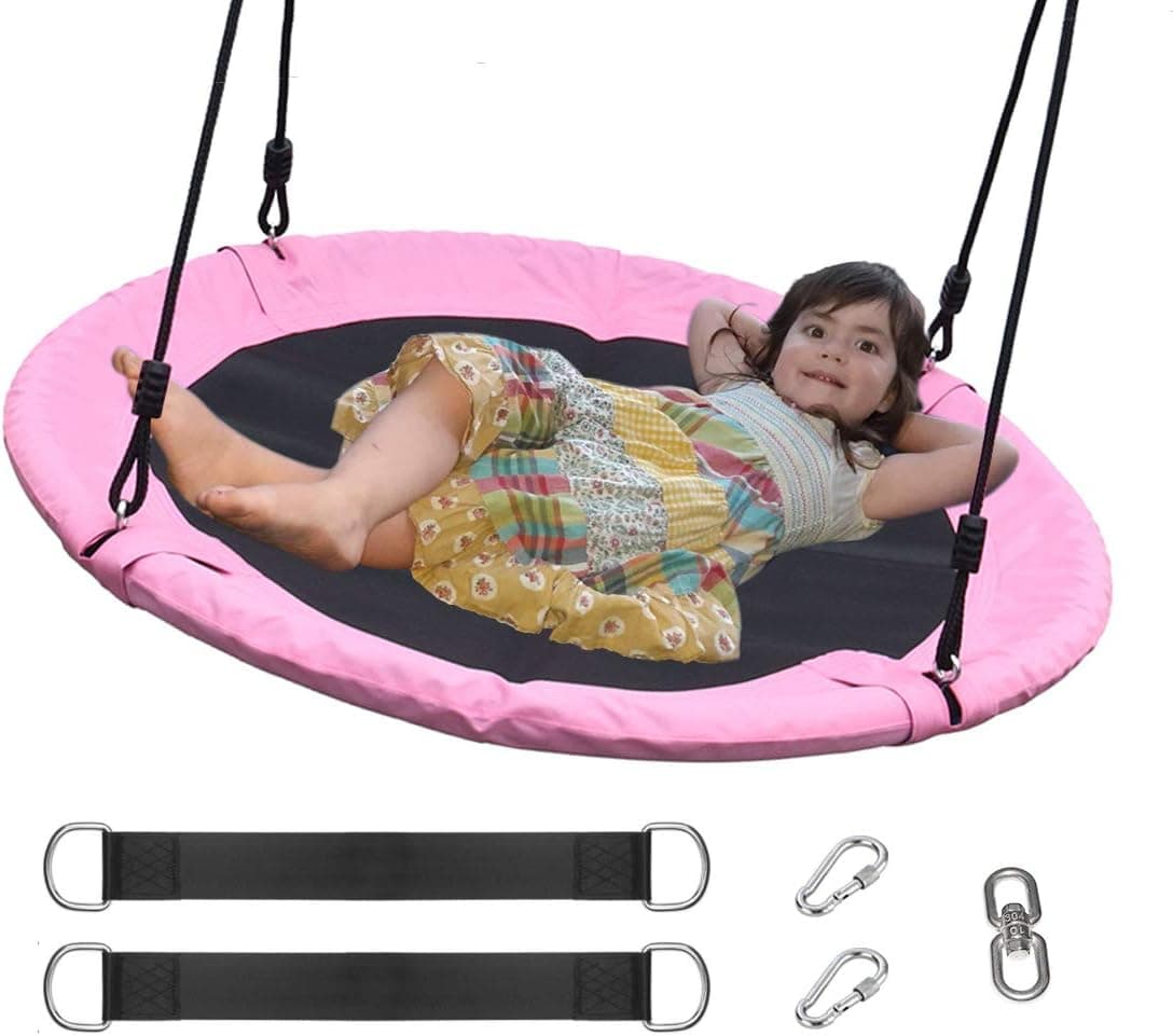 Orangutan Tree Swings for Kids Outdoor, Flying Saucer Swing with 360 Degrees Rotate 40 inch 600LBS Capacity, Bonus Snap Hooks, Tree Straps, Swing Swivel, for Playground Swing, Backyard, Pink