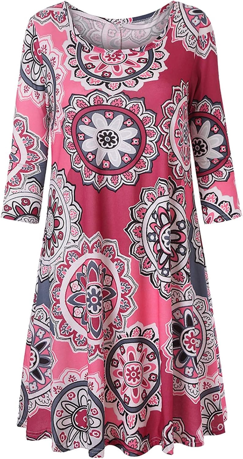 Viracy Womens Casual 3/4 or Long Sleeve Swing Tunic Shirt Dress with Pockets