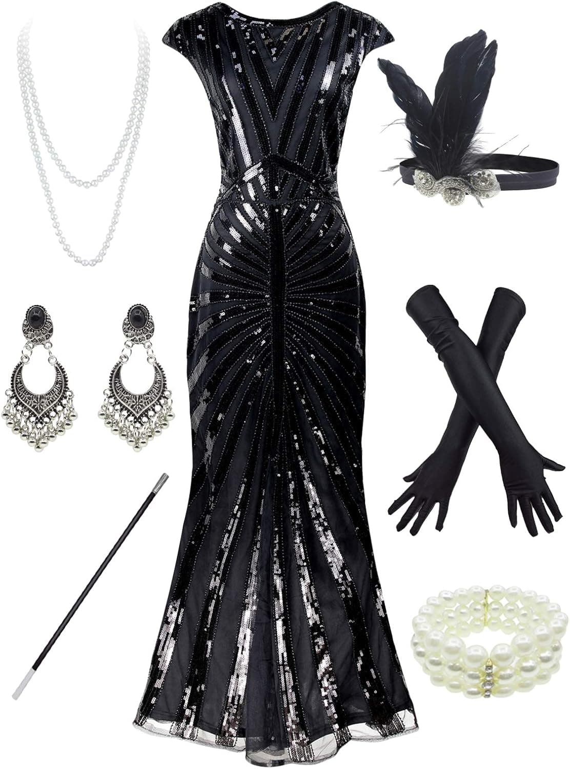 Women 1920S Gatsby Sequin Mermaid Formal Evening Dress with 20s Accessories Costume