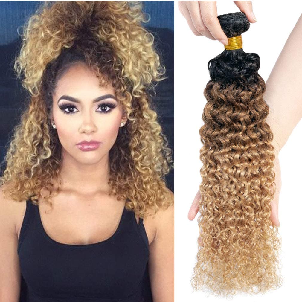 10A Kinkys Curly Human Hair Weave Ombre Curly Hair Bundles 3 Bundles(T1B/30/27,14"16"18"), Brazilian Curly Virgin Human Hair Bundles Black/Auburn/Blonde