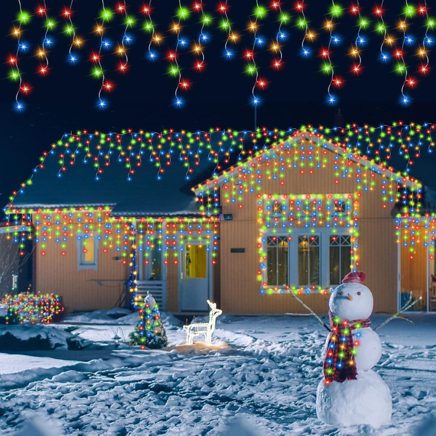 Christmas Led Icicle Lights, 99 Ft Long 1280 LEDs Xmas Lights 240 Drops Curtain Fairy Lights with 8 Modes for Christmas Party Holiday Outdoor Indoor Garden House Decorations (Red Yellow Blue Green)