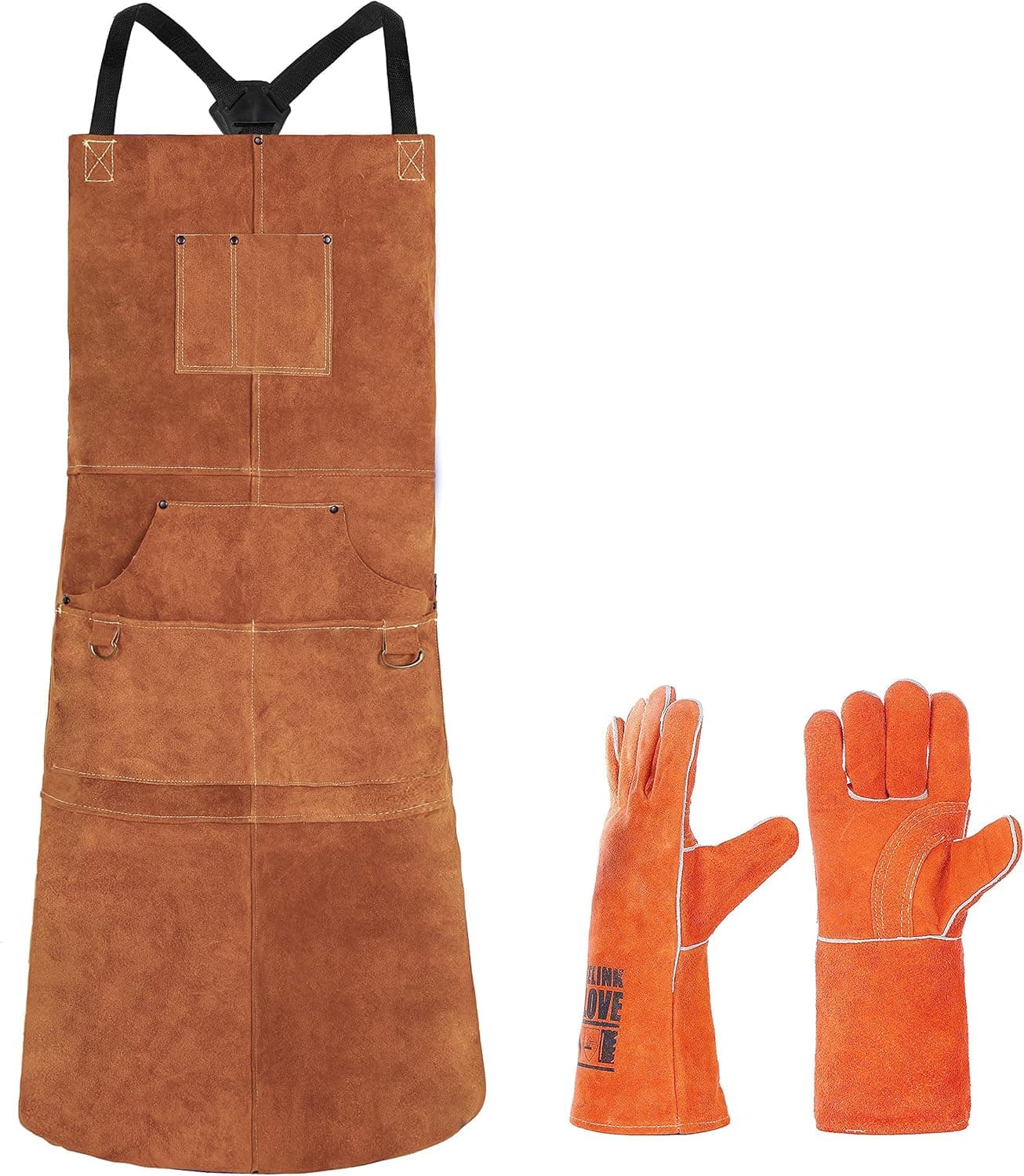 Leather Welding Apron 6 Pockets with Welding Gloves - Heat & Flame-Resistant Heavy Duty Work Aprons, 36" Extra Large & Cross Back Extra Long Strap, Adjustable M to XXXL for Men & Women